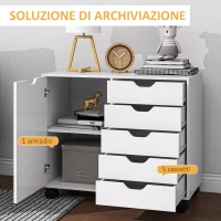 HOMCOM Mobile Laterale con 5 Cassetti, Armadietto con Ripiano Regolabile, Mobiletto da Ufficio su Ruote, Supporto per Stampante per Ufficio Domestico, Bianco(m-4)