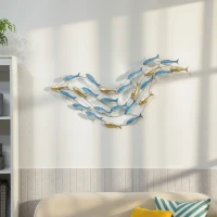 HOMCOM Wall Art Banco di Pesci in Metallo con Viti Incluse, 99.7x3.8x50.2 cm, Oro e Blu(m-11)