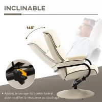 HOMCOM Fauteuil relax avec pouf, fauteuil TV avec dossier inclinable, pivotant à 360° assise rembourrée confortable, crème(m-4)