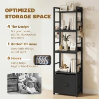 HOMCOM 4-Tier Bookshelf, Narrow Bookcase with Drawer, 8 Hooks, Metal Frame, Black(m-4)