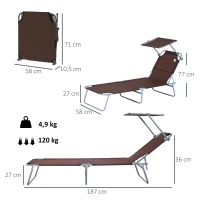 Outsunny Transat Bain de Soleil Pliable Chaise Longue Pliante Grand Confort Dossier Inclinable Multi-positions et Pare-Soleil réglable Dim. 187L x 58l x 36H cm chocolat(m-3)