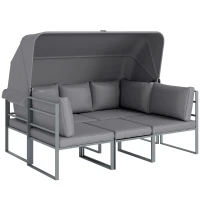Outsunny Außenmöbel-Set, 3-Sitzer-Sofa mit Baldachin, 2 Stühle, Couchtisch mit Glasplatte, 12 Kissen, Stahlrahmen, Grau(m-1)