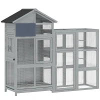 PawHut Volière Cage en bois avec 6 perchoirs compartiment tiroir extractible gamelles en acier inoxydable 196x60x164,5cm Gris(m-7)