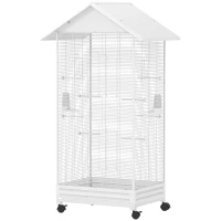 PawHut Voliera per Uccelli a Rotelle con Vassoio Estraibile, Posatoi e Mangiatoie, in Acciaio, 79x65x155 cm, Bianco(m-10)