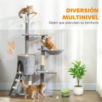 PawHut Árbol Rascador para Gatos Altura 134 cm con 6 Postes 3 Plataformas Cueva Hamaca Escalera 4 Juguetes Colgantes Gris(m-4)