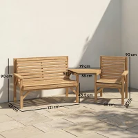 Outsunny Gartenstühle 3er-Set, Balkonmöbel Set mit Sonnenschirmloch, Gartenstuhl, Bank, abnehmbarem Tisch 121x65x90 cm Naturholz(m-3)