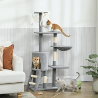 PawHut Torre per Gatti con Casetta, Trespolo, Piattaforme e 4 Topolini, in Legno, Peluche e Sisal, 60x35x134 cm, Grigio(m-2)