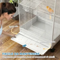 PawHut Voliera per Uccelli a Rotelle con Vassoio Estraibile, Posatoi e Mangiatoie, in Acciaio, 79x65x155 cm, Bianco(m-5)