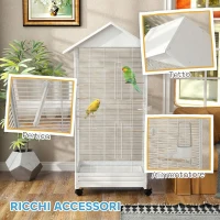 PawHut Voliera per Uccelli a Rotelle con Vassoio Estraibile, Posatoi e Mangiatoie, in Acciaio, 79x65x155 cm, Bianco(m-8)