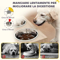 PawHut Portaciotole per Cani con 2 Ciotole da 2L in Acciaio Inox e Armadietto Inferiore, in Legno, 60x30x35.5 cm, Rovere(m-7)