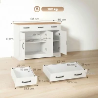 HOMCOM Buffet cuisine, meuble de rangement avec 3 portes de grange, 2 tiroirs et étagères réglables, 108 x 40 x 81 cm, blanc(m-3)