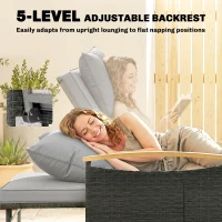 Outsunny Double Garden Rattan Daybed, Wicker Sun Bed Chaise Lounger with Storage Ottoman, 4-Level Adjustable Backrest, Dark Grey(m-5)