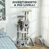 PawHut Albero Tiragraffi per Gatti con 2 Casette, Rampa, Trespoli e 4 Palline, 48x40x165 cm, Grigio e Bianco(m-4)