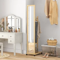 HOMCOM Miroir sur pied avec roulettes et multi-rangements 1 tringle portant 1 étagère inférieure en bois coloris naturel(m-10)