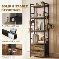 HOMCOM 4-Tier Bookshelf, Narrow Bookcase with Drawer, 8 Hooks, Metal Frame, Rustic Brown(m-6)