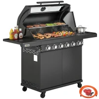 Outsunny 6+1 Burner Gas BBQ Grill, Outdoor Barbecue Trolley with Wheels, Warming Rack, Thermometer, Bottle Opener, Black(m-10)