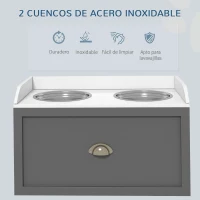 PawHut Comedero Elevado para Perros Grandes con 2 Cuencos de 2000 ml de Acero Inoxidable y 1 Cajón 63x30x36 cm Gris y Blanco(m-6)