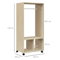 HOMCOM Open Wardrobe on Wheels, Bedroom Wardrobe with Clothes Hanging Rail, 2 Storage Shelves, Mobile Garment Rack for Cloakroom, Hallway, Natural(m-3)