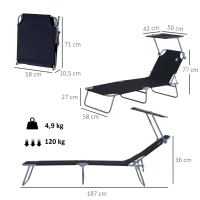 Outsunny Transat Bain de Soleil Pliable Chaise Longue Pliante Grand Confort Dossier Inclinable Multi-positions et Pare-Soleil réglable Dim. 187L x 58l x 36H cm Noir(m-3)