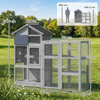 PawHut Voliera in Legno con 6 Posatoi, Scomparto, Cassetto Estraibile e Ciotole in Acciaio Inox, 196x60x164,5 cm, Grigio(m-3)