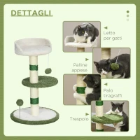 PawHut Albero Tiragraffi con Lettino per Gatti, 2 Palline, Piattaforma e Palo in Sisal, Verde e Bianco(m-5)