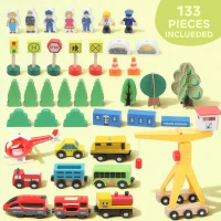 AIYAPLAY 133-Piece Wooden Train Set, Toy Train with Crane, Storage Box, for Kids Ages 3+(m-5)