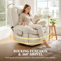 HOMCOM Fotel Relaksacyjny, Obracany Fotel z Funkcją Kołysania i Rozkładania, Głębokie Siedzisko, Grube Oparcie, Łatwy Montaż, Kremowy(m-7)