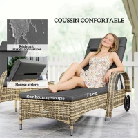 Outsunny Lot de 2 transats bains de soleil : matelas, têtière, inclinaison réglable roulettes + table basse verre trempé gris foncé(m-7)
