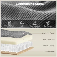 HOMCOM 218 cm 3-osobowa sofa, nowoczesna sofa w stylu sztruksowym z sprężynami kieszeniowymi, szerokimi podłokietnikami i 2 poduszkami, jasnoszara(m-4)