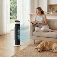 HOMCOM Ventoinha de Torre Ventoinha de Pé Silencioso com Controlo Remoto 3 Velocidades 3 Modos Temporizador 7,5H Oscilação 70° 25x25x80 cm Branco e Preto(m-2)