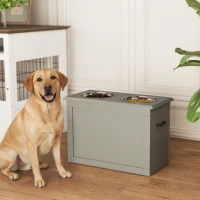 PawHut Gamelles chiens surélevées gamelle double chien chat Porte-gamelles surélevé dim. 60L x 30l x 41H cm 2 gamelles 2L poignées coffre bois gris(m-10)