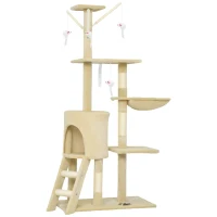 PawHut Torre per Gatti con Casetta, Trespolo, Piattaforme e 4 Topolini Appesi, 60x35x134 cm, Beige(m-1)