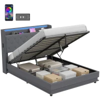 HOMCOM Bett mit Stauraum 140 x 190 cm LED-Beleuchtung und Ladestation gepolstertes Leinen-Bettgestell hydraulischer Stauraum grau(m-8)