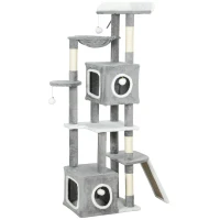 PawHut Albero Tiragraffi per Gatti con 2 Casette, Rampa, Trespoli e 4 Palline, 48x40x165 cm, Grigio e Bianco(m-1)