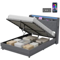 HOMCOM Bett mit Stauraum 140 x 190 cm LED-Beleuchtung und Ladestation gepolstertes Leinen-Bettgestell hydraulischer Stauraum grau(m-7)