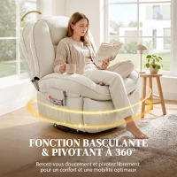 HOMCOM Fauteuil inclinable en chenille, fauteuil de relaxation pivotant à 360°, assise large, poches latérales, crème(m-7)