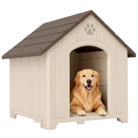 PawHut Cuccia per Cani Rialzata con Tetto Inclinato e Prese d'Aria, in PP, 88x78x89 cm, Beige e Marrone Scuro(m-11)