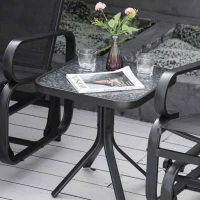 Outsunny 3 Pieces Garden Gliding Chair Set, Metal Frame 2 Single Armchair Swing Seater and 1 Glass Top Coffee Table w/ Breath Mesh Fabric Seat, Black(m-12)