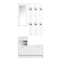 HOMCOM Mobila de Hol Moderna Garderoba Set Cuier, Oglinda si Dulap Pantofi 3 in 1, in Lemn Alb(m-16)