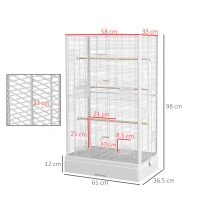 PawHut Gabbia per Uccelli con Vassoio Estraibile e Posatoi, Voliera per Pappagalli, 61x36.5x98 cm, Bianco(m-3)