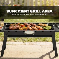 Outsunny Portable BBQ Grill, Foldable Charcoal Grill for Camping and Picnics with 2 Side Shelves and Handle, Black(m-6)