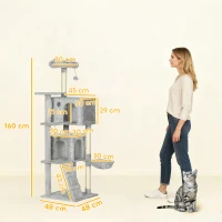 PawHut Árbol Rascador para Gatos 160 cm con Plataformas Cama 2 Cuevas Hamaca Escalera Postes de Sisal Gris Claro(m-3)