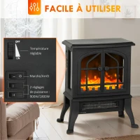 HOMCOM Cheminée électrique avec effet flamme 3D, 1800/900 W, fausse cheminée décorative, thermostat réglable, 39x24x48cm, noir(m-6)