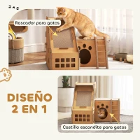 PawHut Rascador Cartón para Gatos Forma Castillo 2 en 1 Rascador para Gatos con 2 Zonas de Rascado Catnip 67x66x57 cm Marrón(m-4)