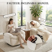 HOMCOM Fauteuil inclinable en chenille, fauteuil de relaxation pivotant à 360°, assise large, poches latérales, crème(m-4)