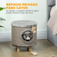 PawHut Casa para Gatos 3 en 1 Taburete Reposapiés Cama para Gatos con Rascador Patas de Madera Pluma 36x36x38 cm Gris(m-5)
