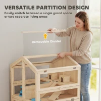 PawHut Klatka dla chomików z drewna, 3 poziomy, domek, huśtawki, rampy, poidła, 68 x 61,5 x 90 cm, drewno naturalne(m-6)