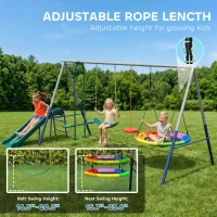 AIYAPLAY 5-w-1 zestaw huśtawek z regulowaną zjeżdżalnią i huśtawką w kształcie gniazda, 382x196x203 cm, wielokolorowy(m-6)