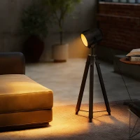 HOMCOM Industrial Tripod Floor Lamp, Nautical Searchlight with Adjustable Height, Wood Legs, E14 Lamp Base for Living Room, Bedroom, Black(m-8)