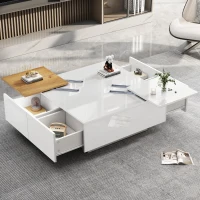 Tavolino da caffè moderno e lucido con piani scorrevoli e 4 cassetti, 75x75x33 cm, Bianco e color legno(m-6)
